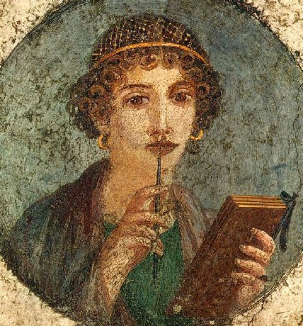 Fresco showing a woman who may or may not be Sappho holding writing implements, from Pompeii, Naples National Archaeological Museum 