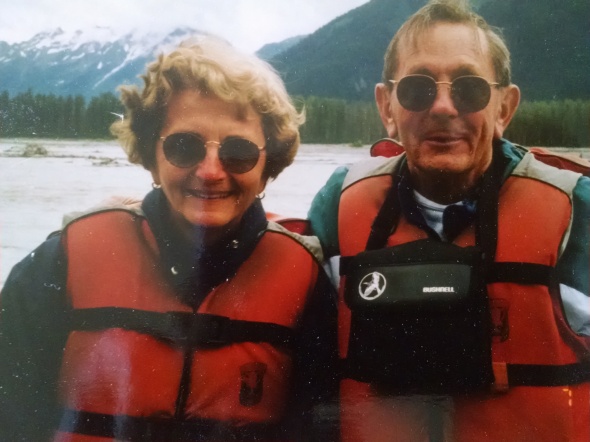 Except when she went by raft. On the back of this picture, in my mother's clear print, "7/10/97 - Rafting down the Tsirku River to Chilkat Bald Eagle Preserve near Haines, Alaska"